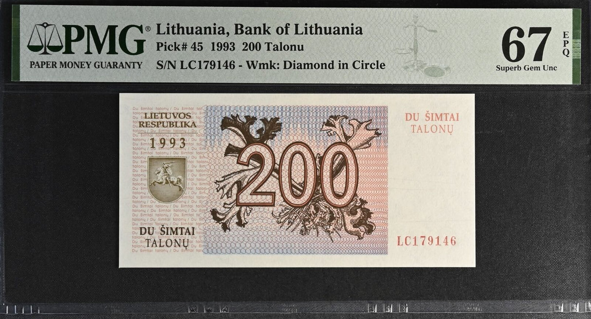 Lithuania 200 Talonu 1993 P 45 Superb Gem UNC PMG 67 EPQ
