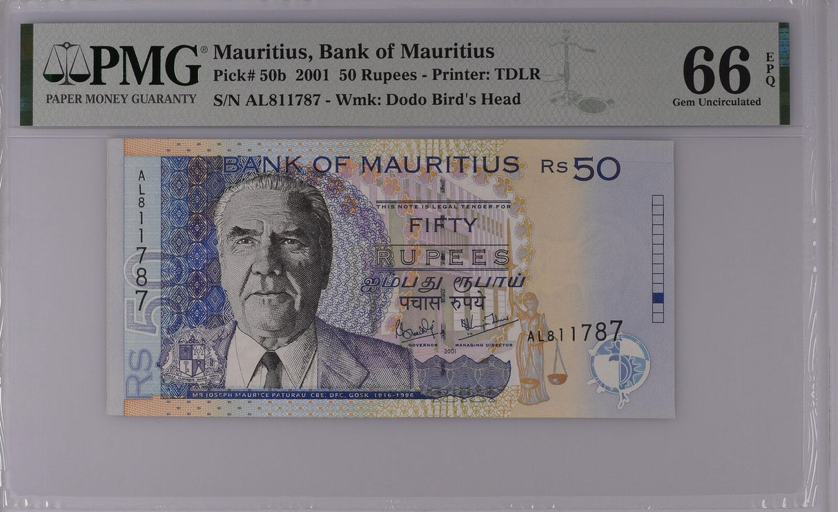 Mauritius 50 Rupees 2001 P 50 b GEM UNC PMG 66 EPQ