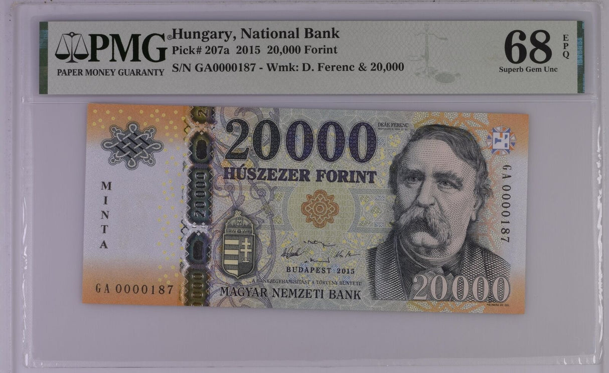Hungary 20000 Forint 2015 P 207 a Low # 187 Superb Gem UNC PMG 68 EPQ
