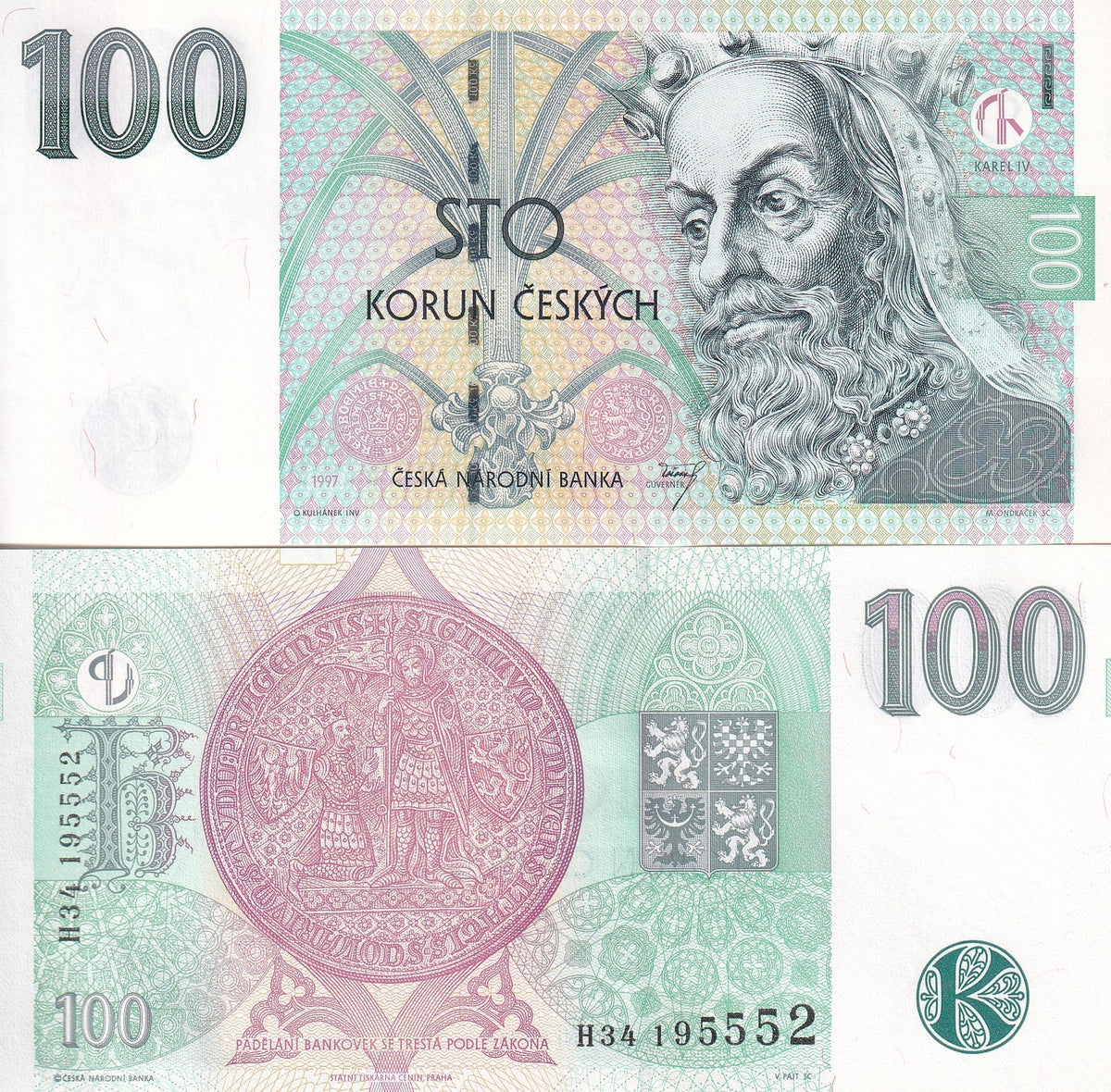 Czech Republic 100 Korun 1997 Serie H P 18 f UNC, Karel IV Seal of Charles