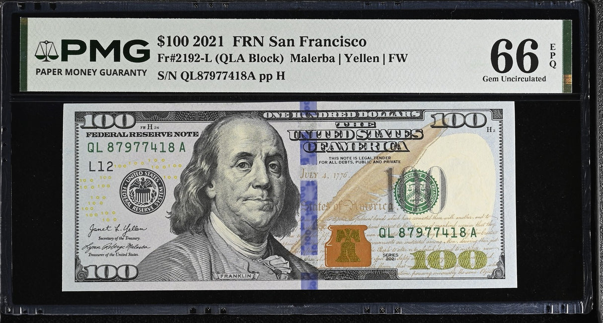 United States 100 Dollars USA 2021 P 555 L San Fran Gem UNC PMG 66 EPQ