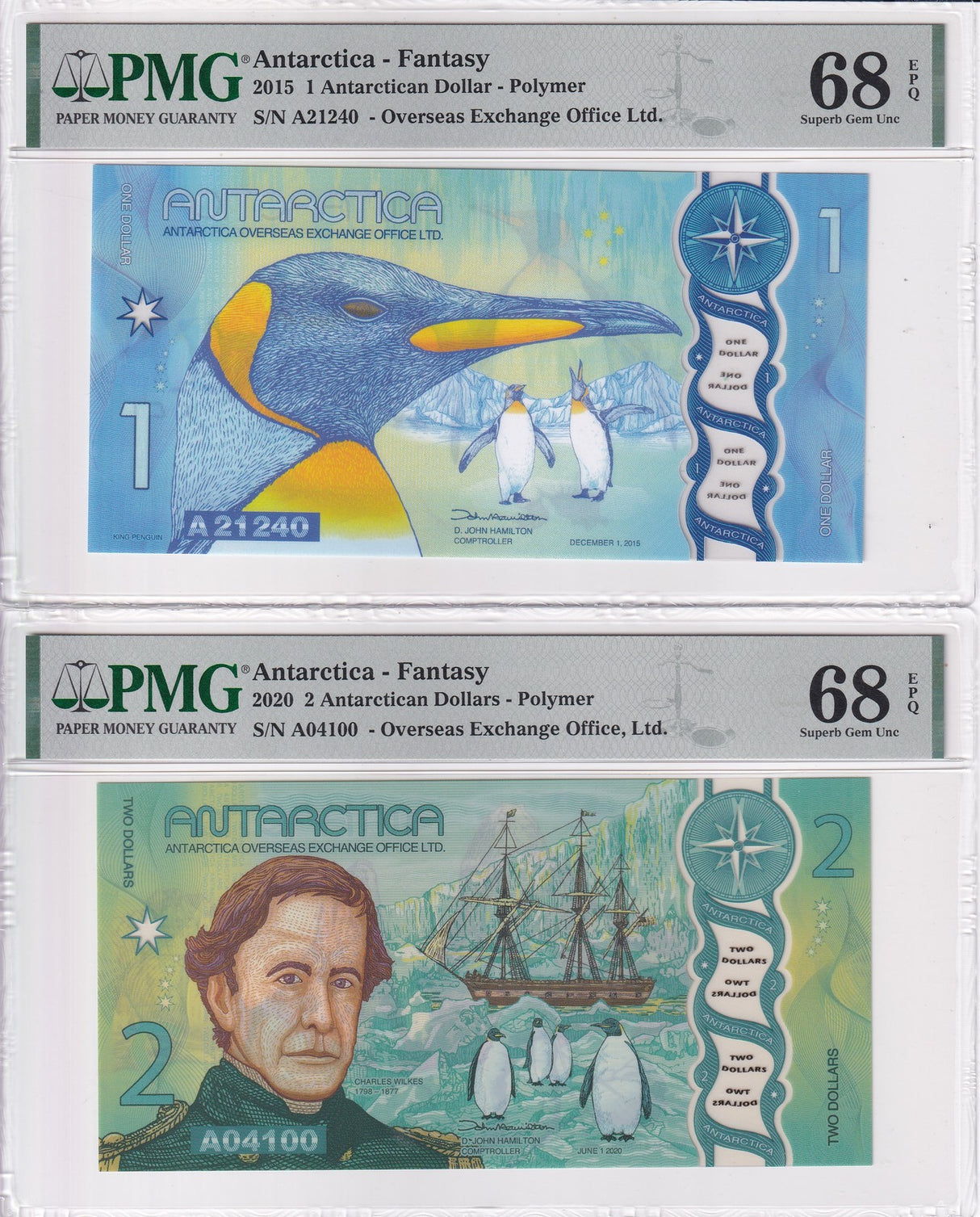 Antarctica Set 2; 1 2 Antarctican Dollars 2015 2020 Superb Gem UNC PMG 68 EPQ