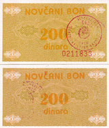 Bosnia & Herzegovina 200 Dinara ND 1992 P 48 b UNC ,LOCAL ISSUES & HANDSTAMPED
