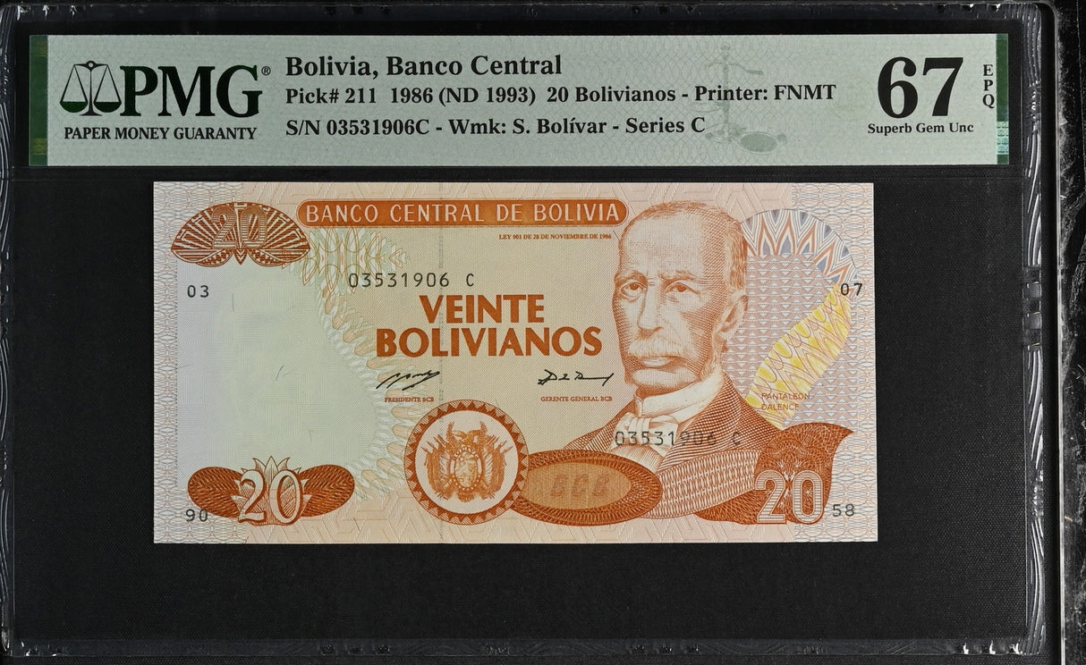 Bolivia 20 Bolivianos 1986 ND 1993 P 211 Series C Superb Gem UNC PMG 67 EPQ TOP