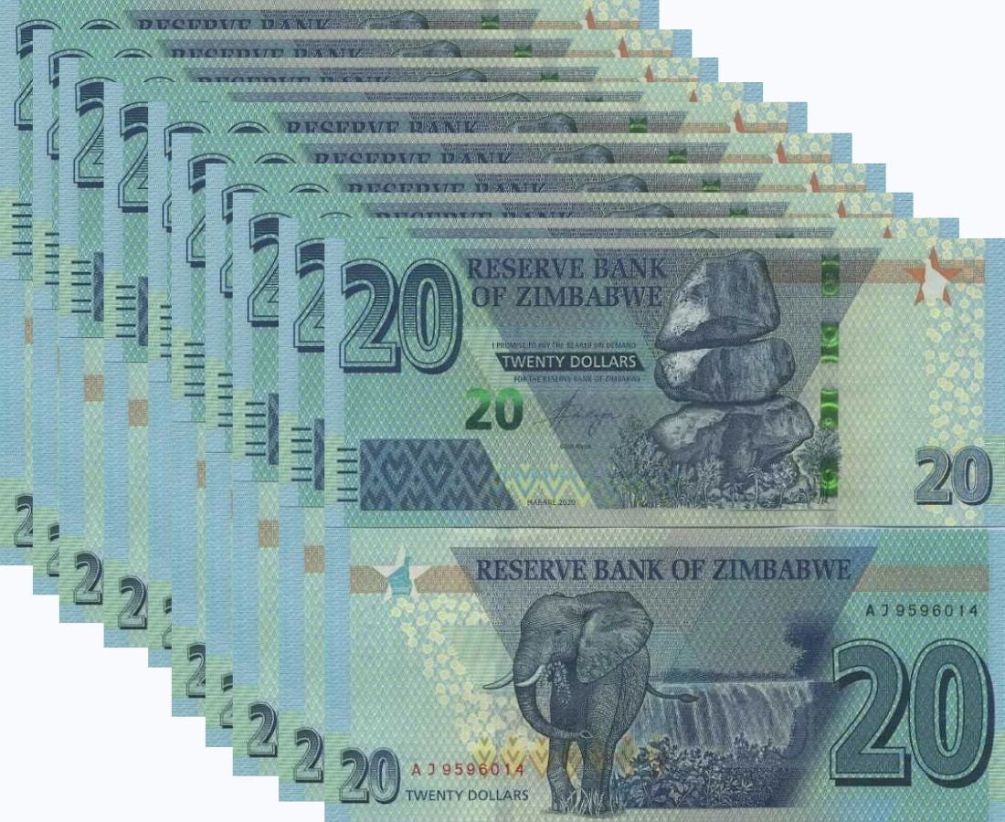 Zimbabwe 20 Dollars 2020 P 104 UNC LOT 10 PCS, Elephant, Victoria Falls