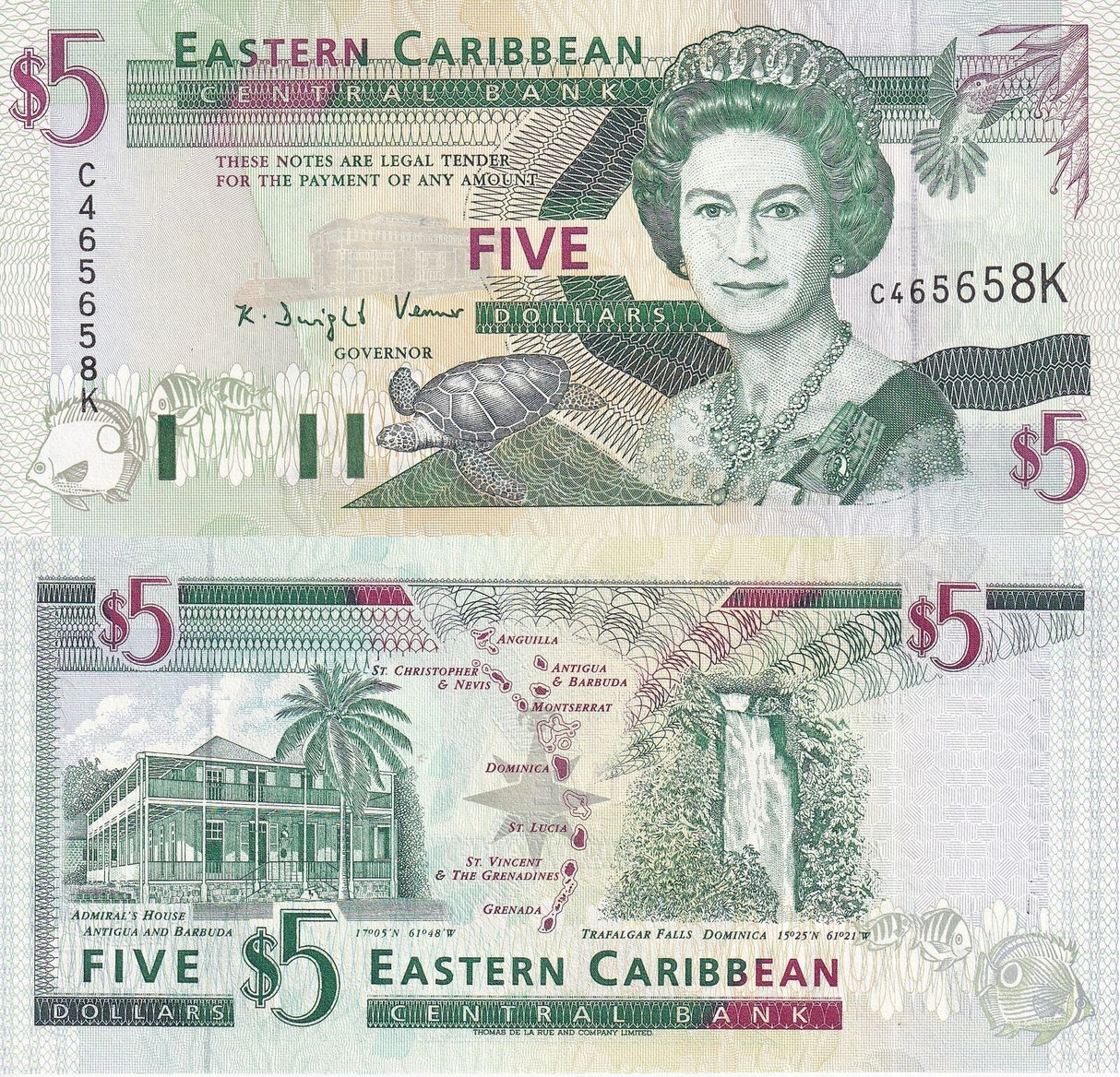 East Caribbean 5 Dollars ND 1994 St. Kitts P 31 K Suffix UNC
