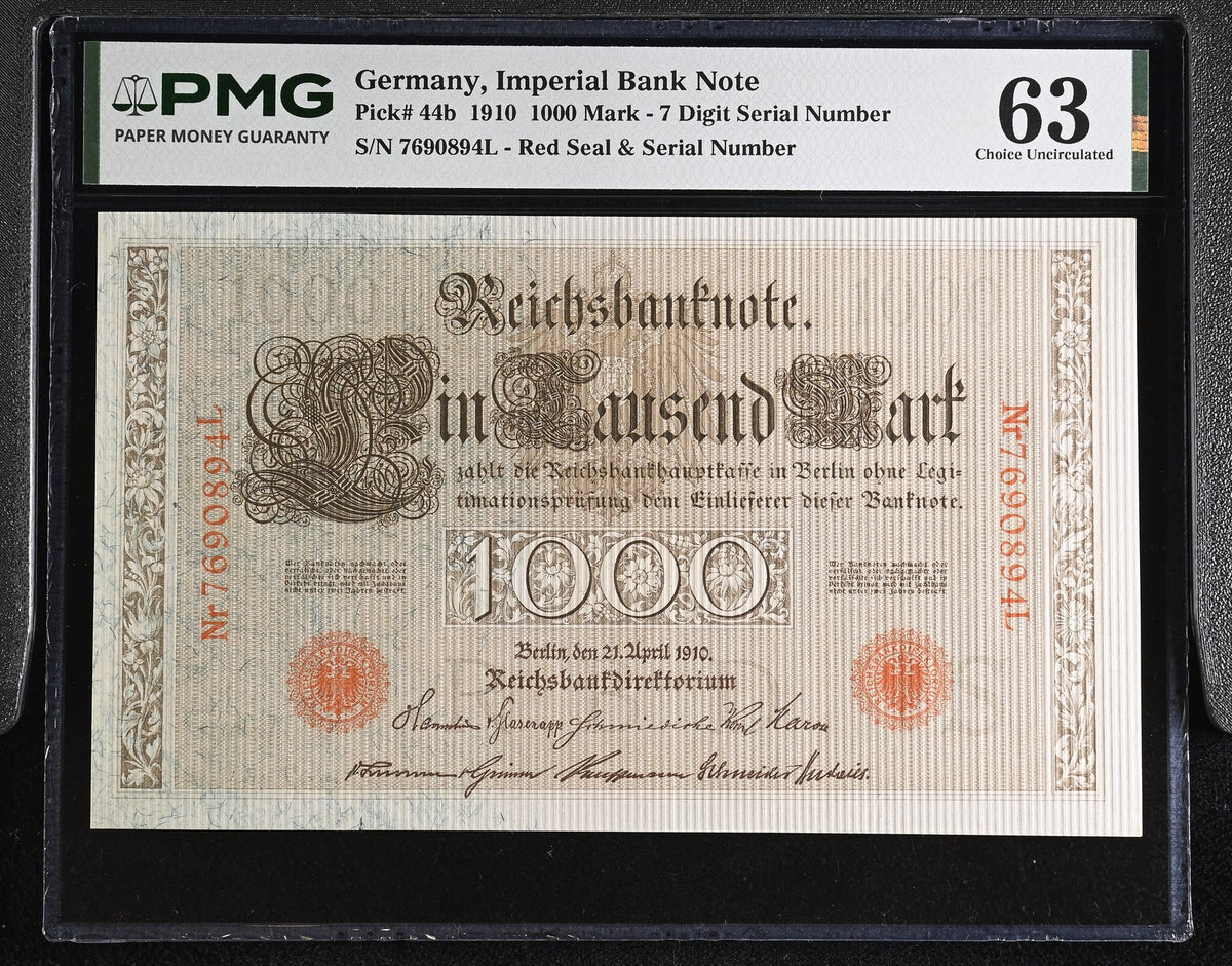Germany 1000 Mark 1910 P 44 b Choice UNC PMG 63 , Red Seal, Red serial