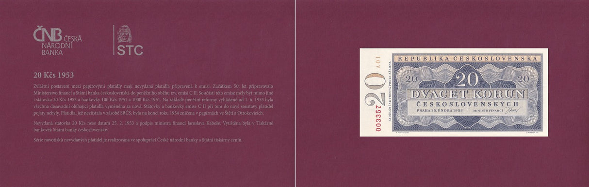 Czechoslovakia 20 Korun 1953/2023 P 72A Official Reprint W/Folder UNC