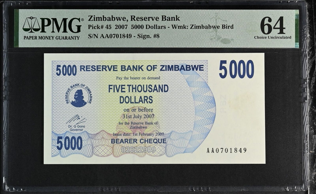 Zimbabwe 5000 Dollar 2007 P 45 Choice UNC PMG 64