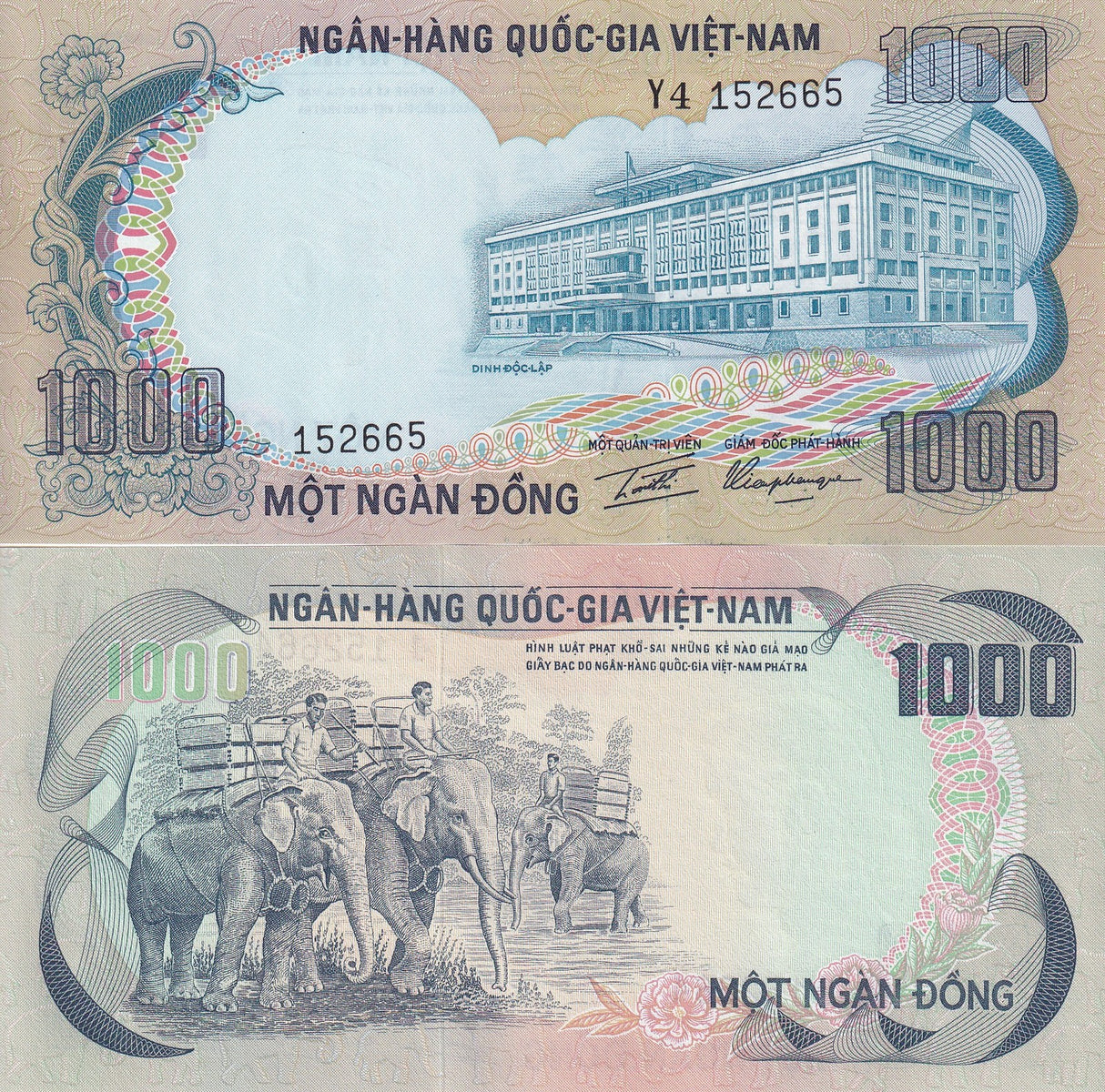 South Vietnam 1000 Dong ND 1972 P 34 UNC Palace of Independence Saigon Elephant