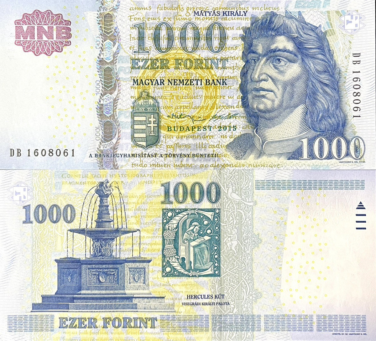 Hungary 1000 Forint 2015 P 197 e UNC , King Matyas , Hercules fountain