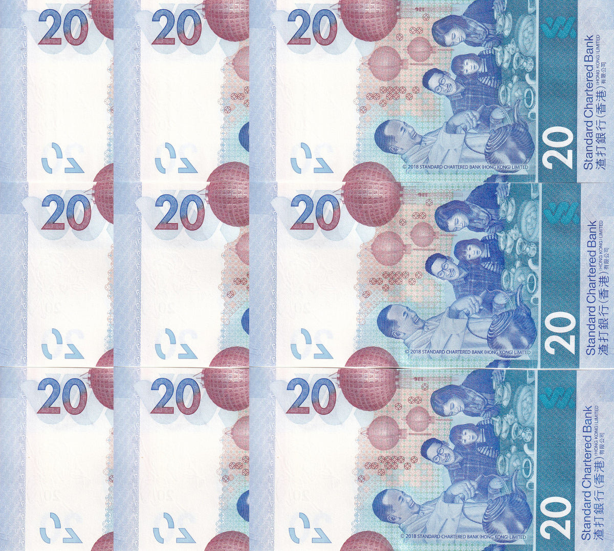 Hong Kong Set 3 X LOT 3 = 9 UNC 20 Dollars Mixed Years P 218 302 348 SCB