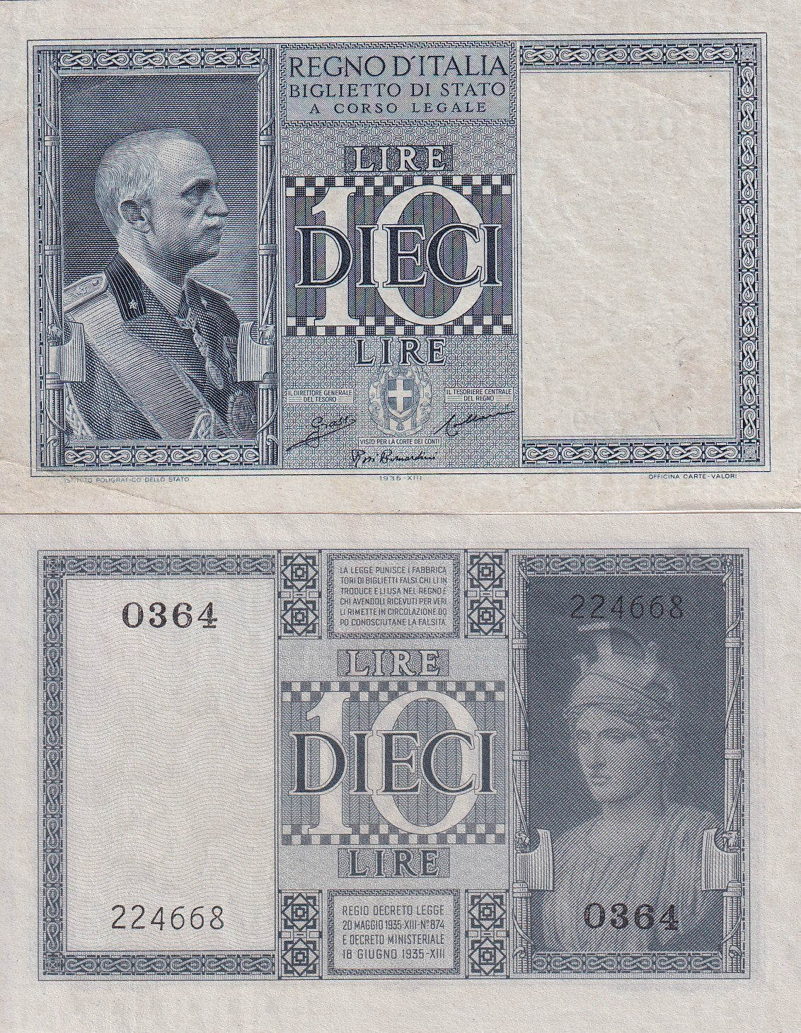 Italy 10 Lire 1939 P 25 c XF+ , Vittorio Emanuele III ,Athena XF+