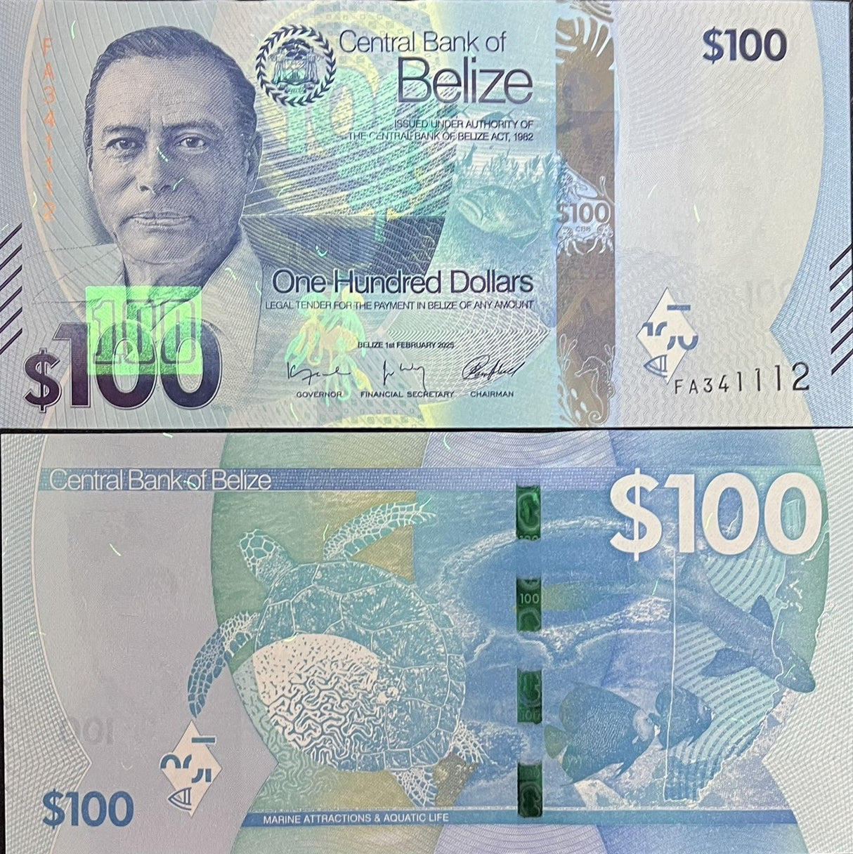 Belize set 6 UNC 2 5 10 20 50 100 Dollars 2025 P 73 74 75 76 77 78 NEW Design