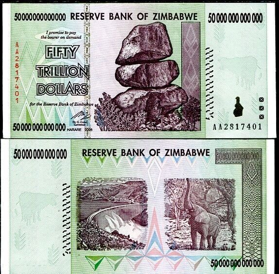 Zimbabwe SET 2 Pcs 50 100 Trillion Dollars 2008 P 90 P 91 UNC