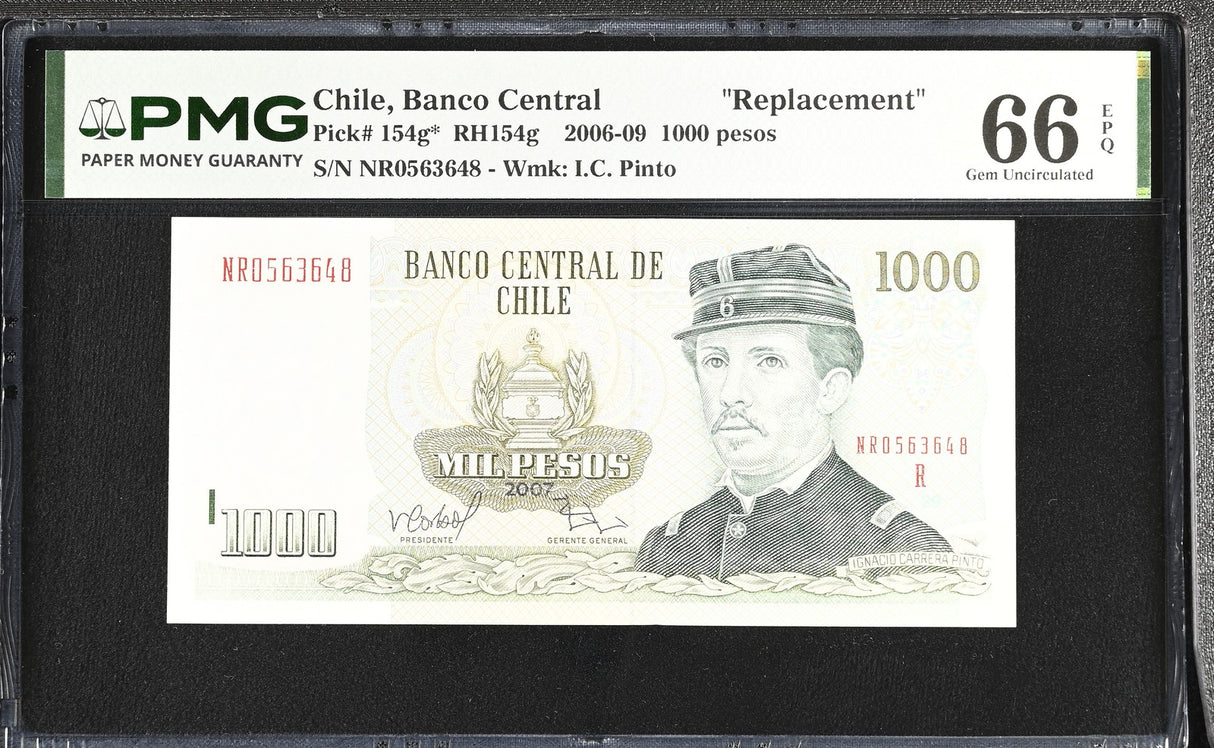 Chile 1000 Pesos 2007 P 154 g* Replacement Gem UNC PMG 66 EPQ TOP POP