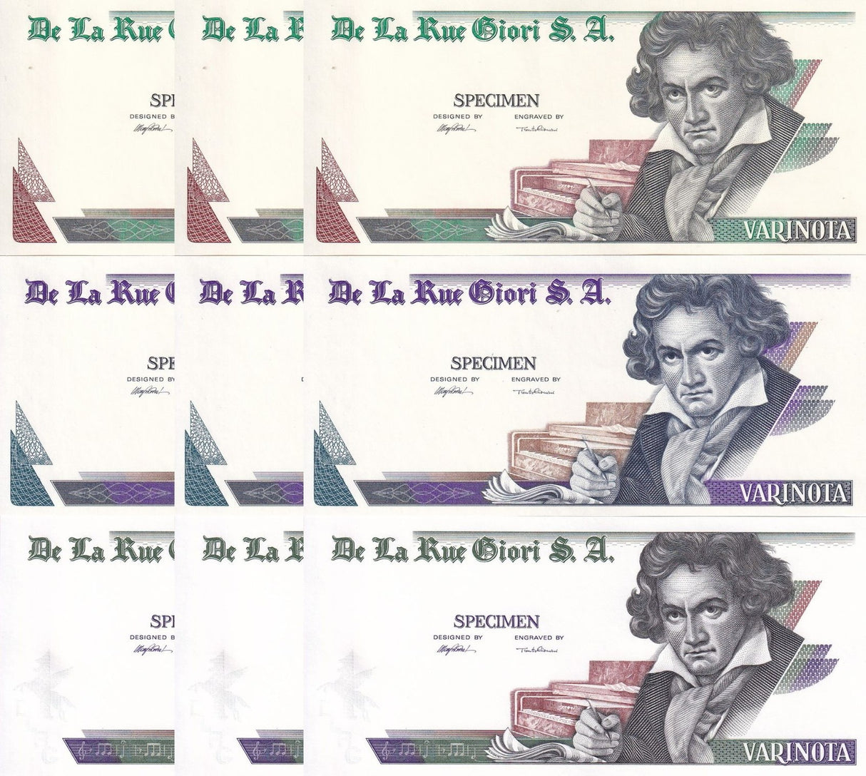 TEST Note set 3 x Lot 3 = 9 Pcs BEETHOVEN SPECIMEN VARINOTA DE LA RUE One Side