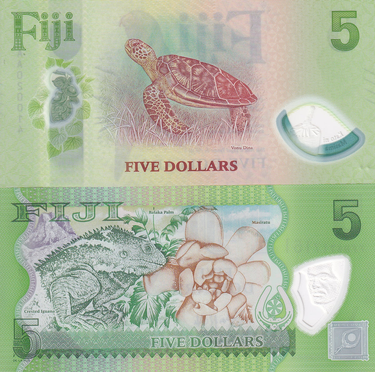 Fiji SET 2 UNC POLYMER 5 Dollars ND 2012 2026 P 115 P NEW Turtle Iguana