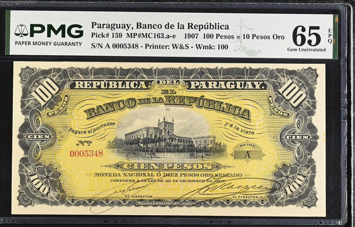 Paraguay 100 Pesos 1907 P 159 Gem UNC PMG 65 EPQ