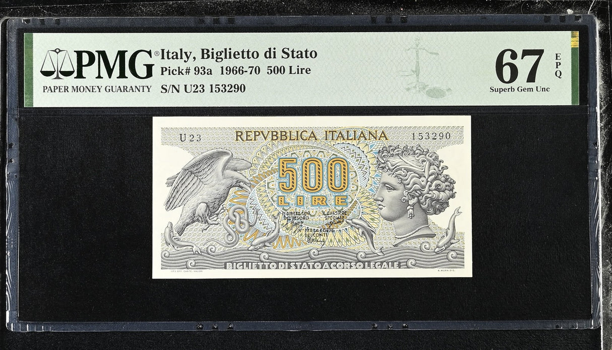 Italy 500 Lire 1966-1970 P 93 a Superb Gem UNC PMG 67 EPQ