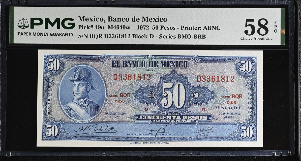 Mexico 50 Pesos 1972 P 49 u Choice About UNC PMG 58 EPQ