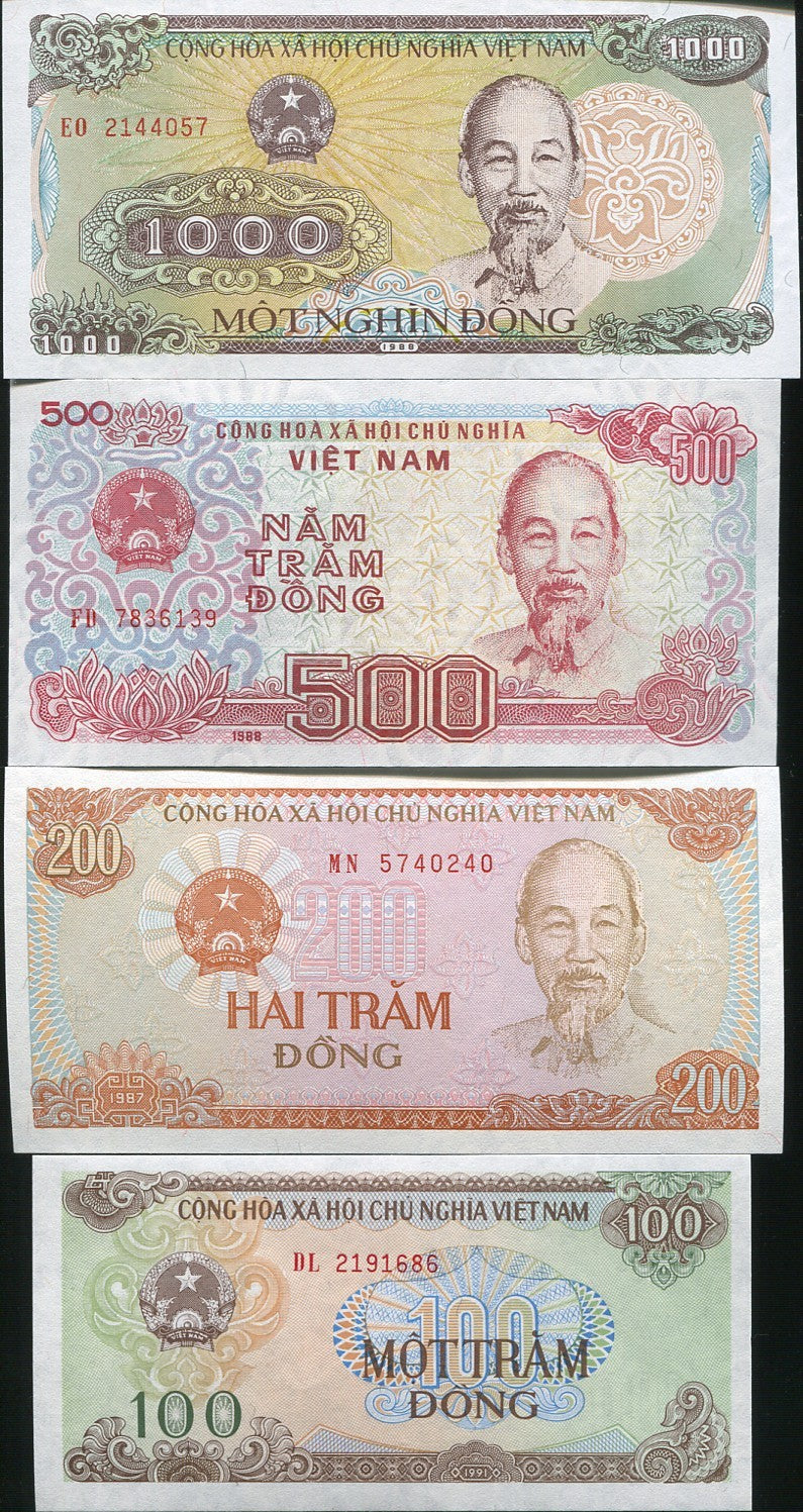 Vietnam Set 4 Pcs 100 200 500 1000 Dong 1987 1988 1991 P 100 101 105 106 UNC