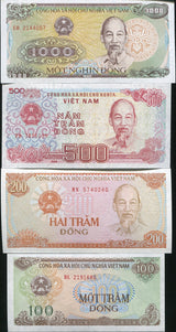 Vietnam Set 4 Pcs 100 200 500 1000 Dong 1987 1988 1991 P 100 101 105 106 UNC