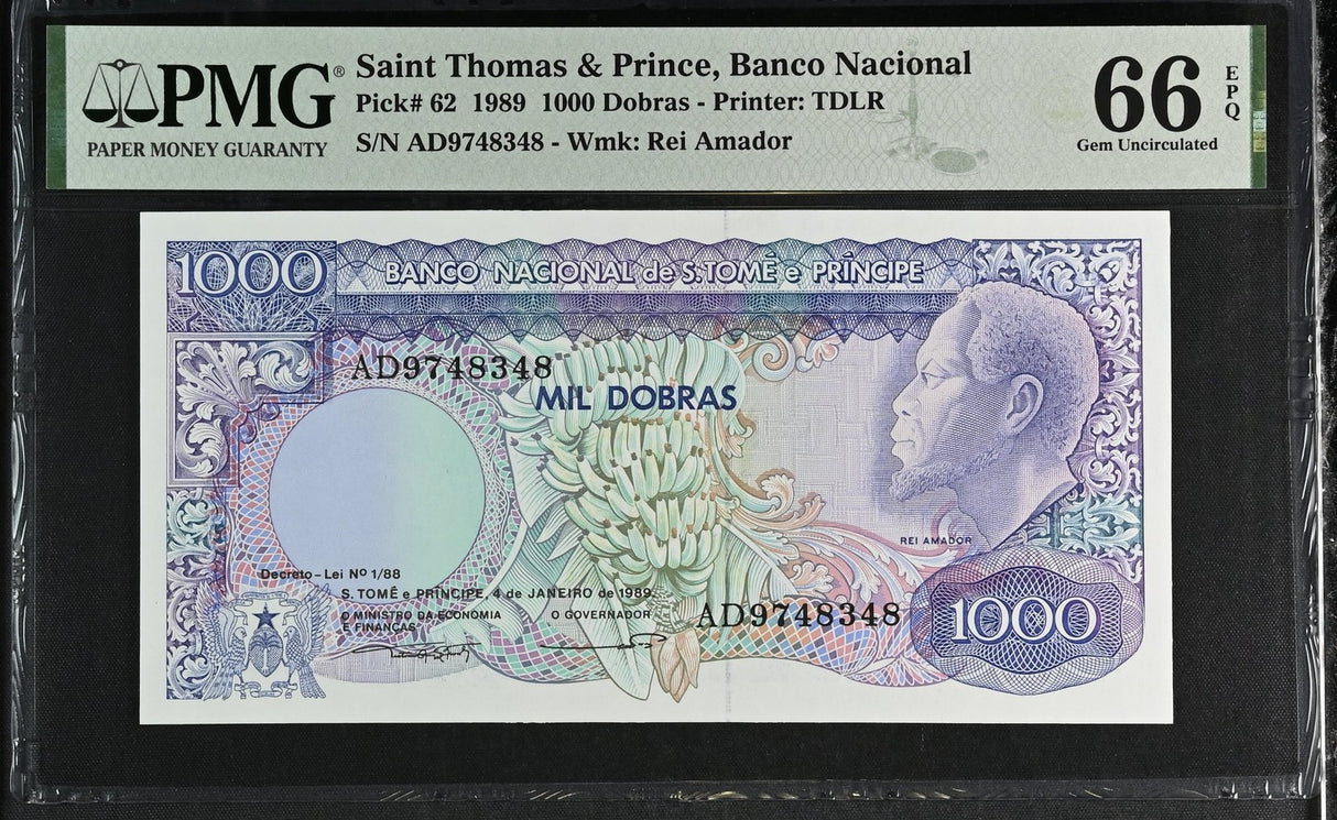 Saint Thomas & Prince 1000 Dobras 1989 P 62 Gem UNC PMG 66 EPQ