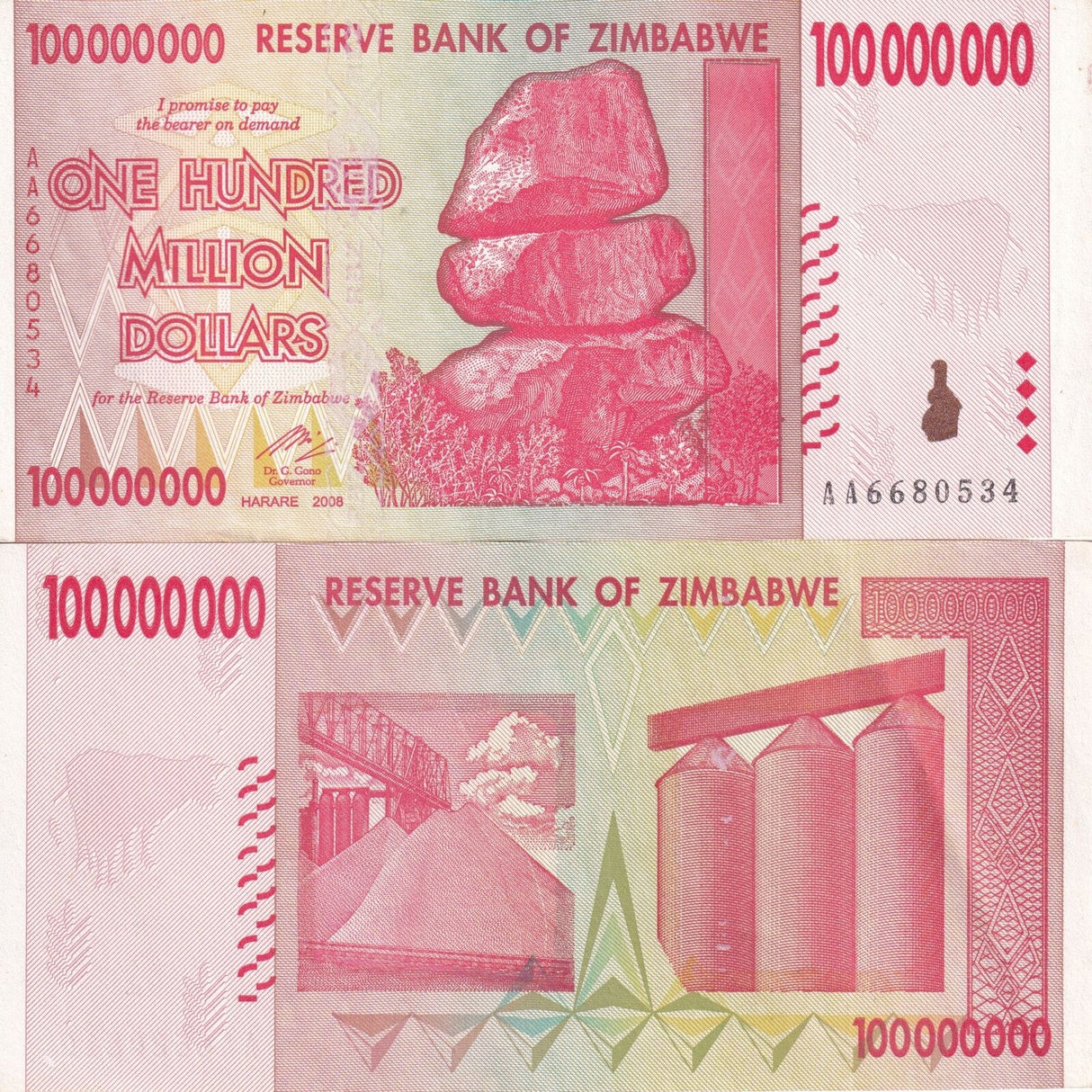 Zimbabwe 100 Million Dollars 2008 P 80 XF