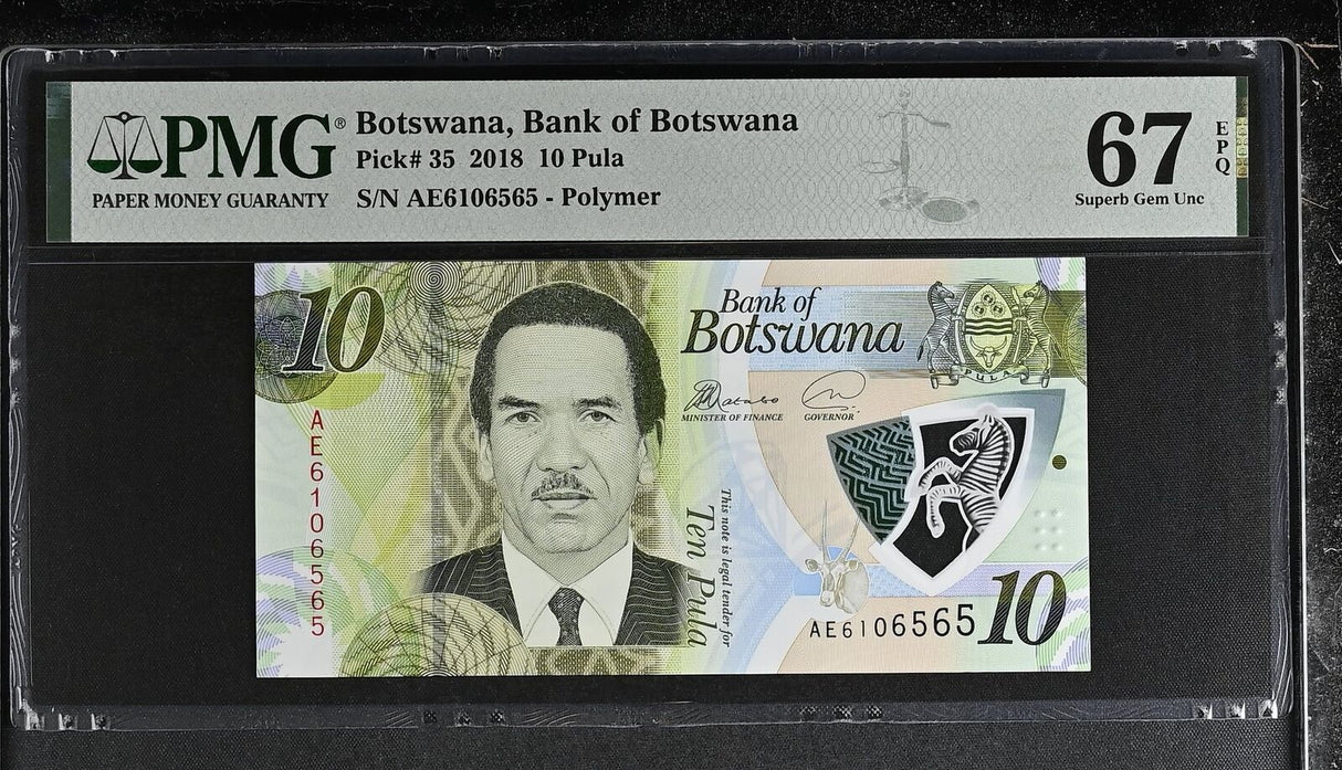 Botswana 10 Pula ND 2018 P 35 Polymer Superb Gem UNC PMG 67 EPQ