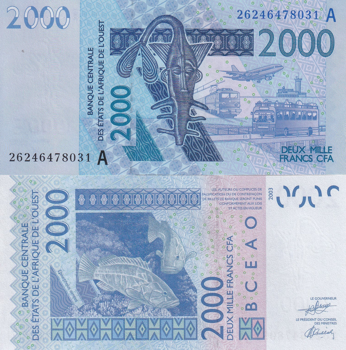 WAS Ivory Coast 2000 Francs 2026 P 116A New Groupers UNC , West african states