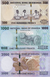 Rwanda SET 3 UNC 500 1000 2000 FRANCS 2019 -2024 P 39 42 44