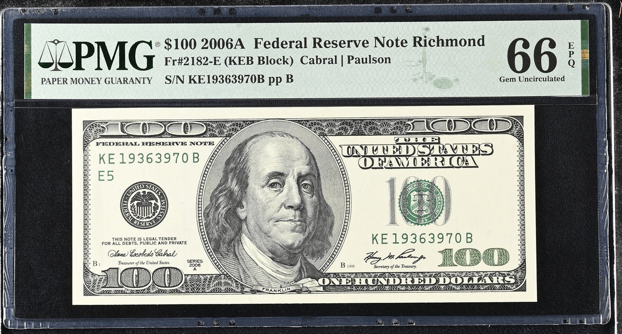 United States 100 Dollars USA 2006A P 528 E Richmond Gem UNC PMG 66 EPQ