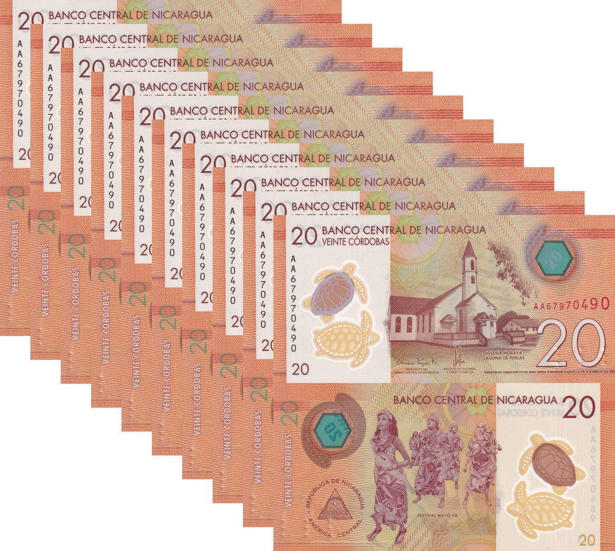 Nicaragua 20 Cordobas 2022 P 210 Polymer UNC LOT 10 PCS ,with Tactile embossing