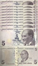 Turkey 5 Lira 2009 P 222 Mixed Prefix & Year UNC LOT 10 PCS 1/10 BUNDLE
