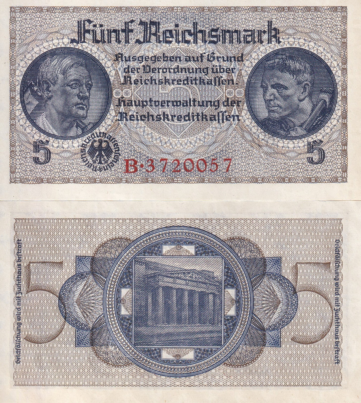 Germany Reichsbank 5 Reichsmark 1940-1945 P R138 a UNC ,Neue Wache