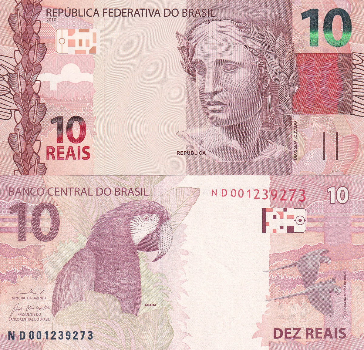 Brazil 10 Reais 2010 2020 P 254 f New Sign UNC , Arara , Birds