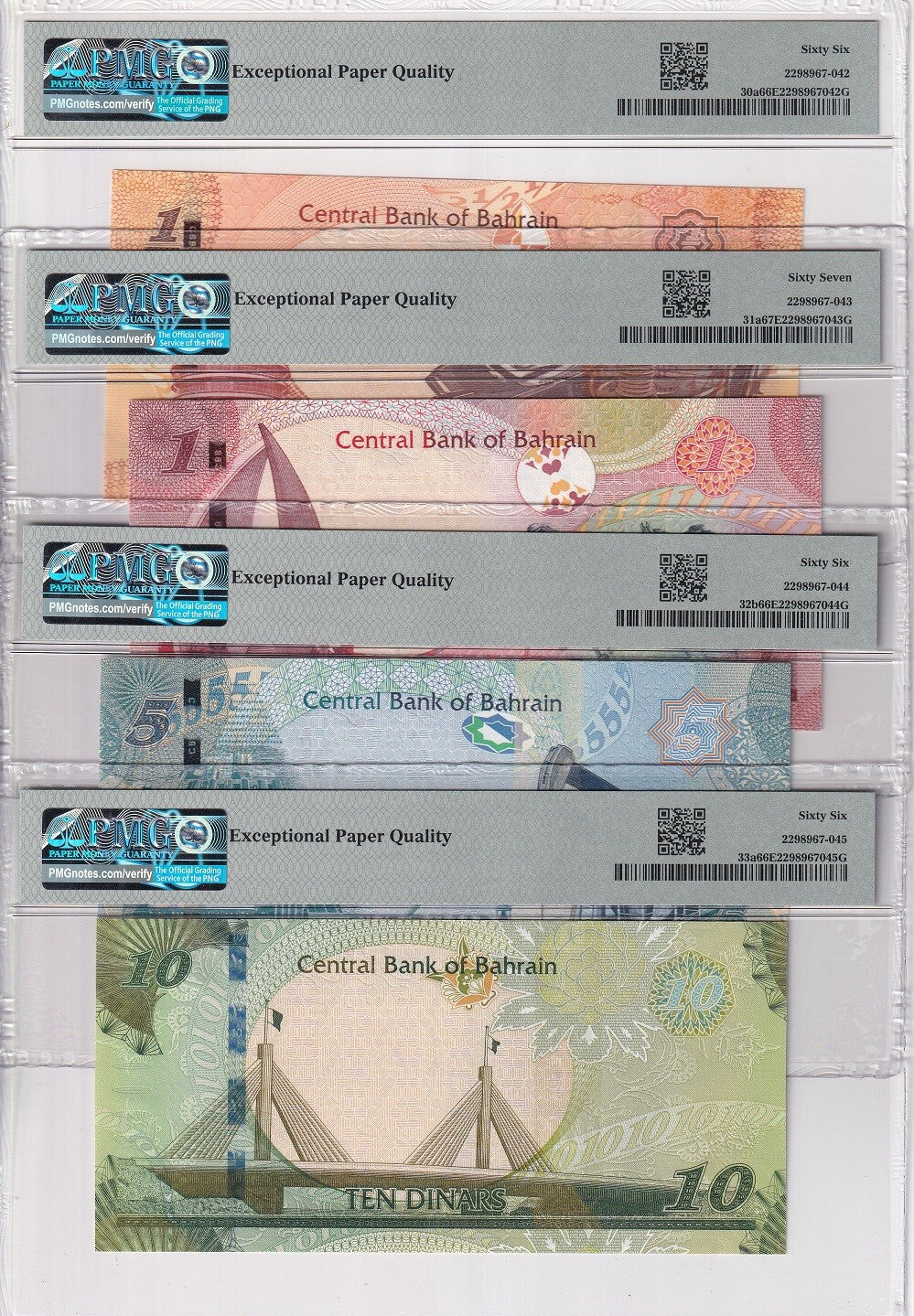 Bahrain Set 4; 1/2 1 5 10 Dinars 2016-2018 P30 -P33 Superb Gem UNC PMG 66 67 EPQ
