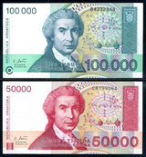 Croatia Set 2 UNC 50000 100000 Dinara 1993 P 26 27 ,sculptured by Ivan Mestro