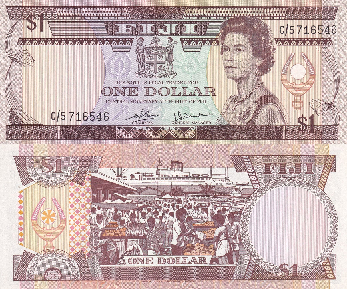 Fiji 1 Dollar ND 1980 P 76 UNC Elizabeth II, Suva market, passenger ship