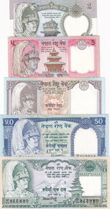 Nepal Set 5 UNC 2 5 10 50 100 Rupees 1981-2001 P 29 30 31 33 34 ,King Birendra