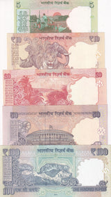 India Set 5 Pcs 5 10 20 50 100 Rupees Random Year UNC