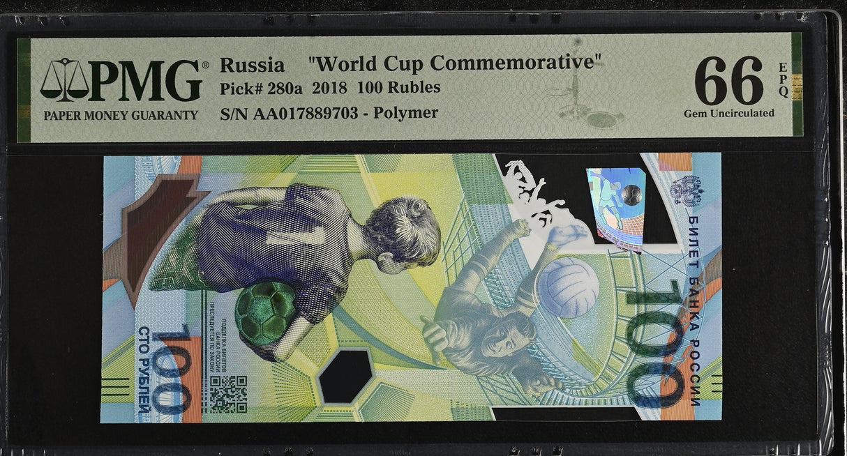 Russia 100 Rubles 2018 Football Comm. Polymer P 280 a GEM UNC PMG 66 EPQ
