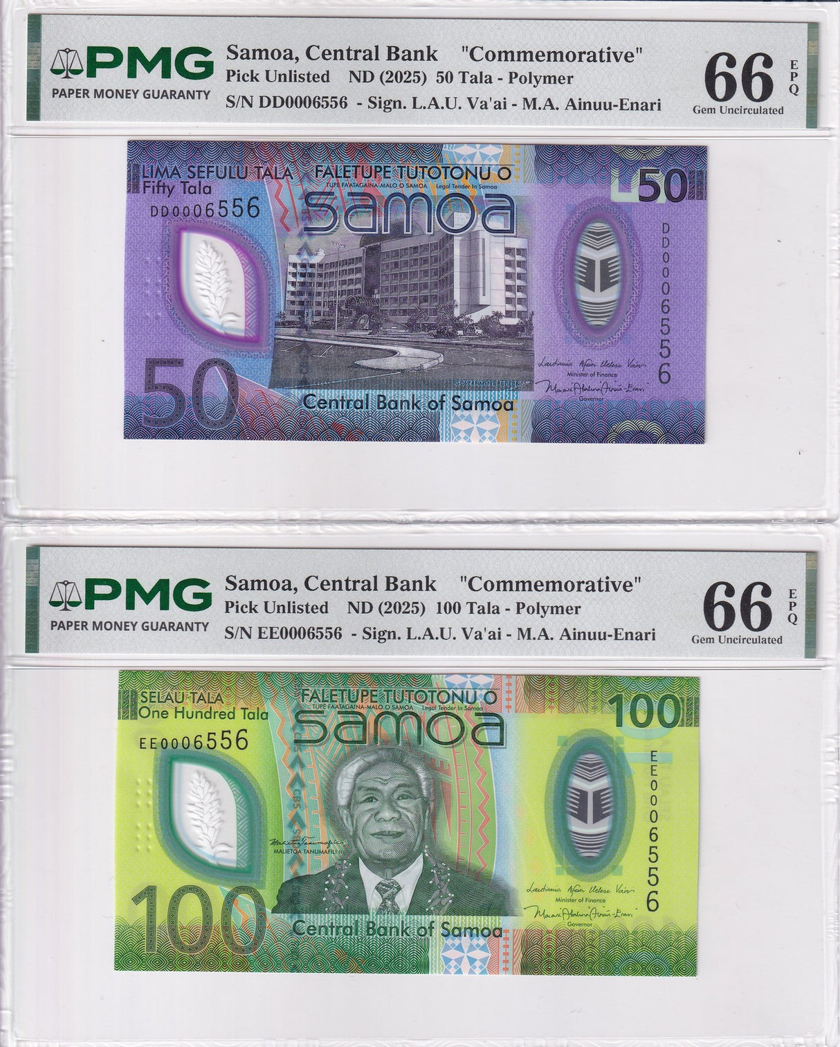 Samoa Set 2;50 100 Tala ND 2025 P New Polymer Comm. 0006556 Gem UNC PMG 66 EPQ