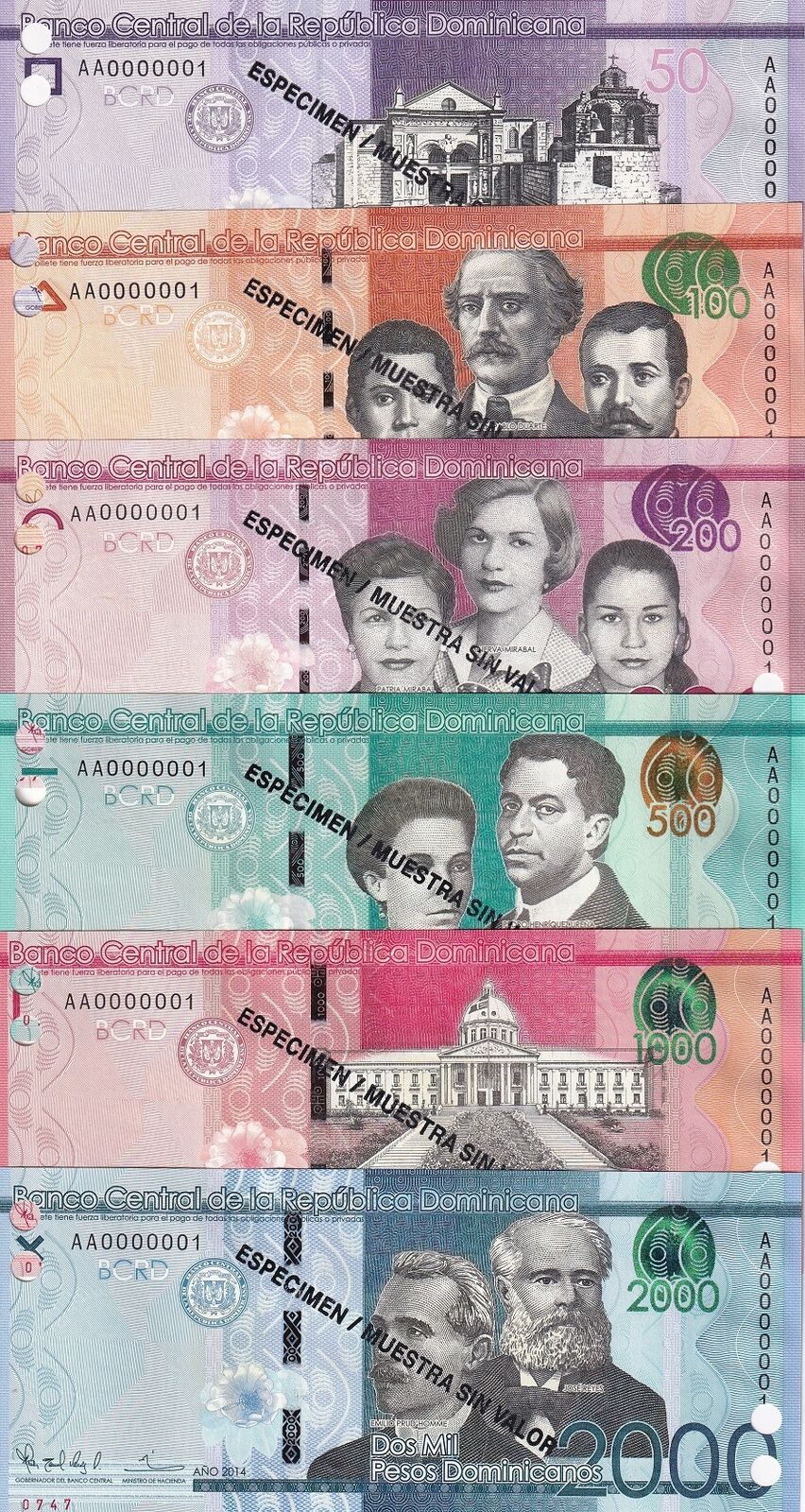 Dominican Set 6 UNC 50 100 - 2000 Pesos 2014 P 189 P 190 - P 194 SPECIMEN