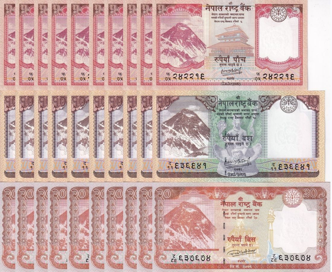 Nepal Set 3 x Lot 10 = 30 UNC 5 10 20 2020-2024 P 76 77 78, Sambar deers, Yak