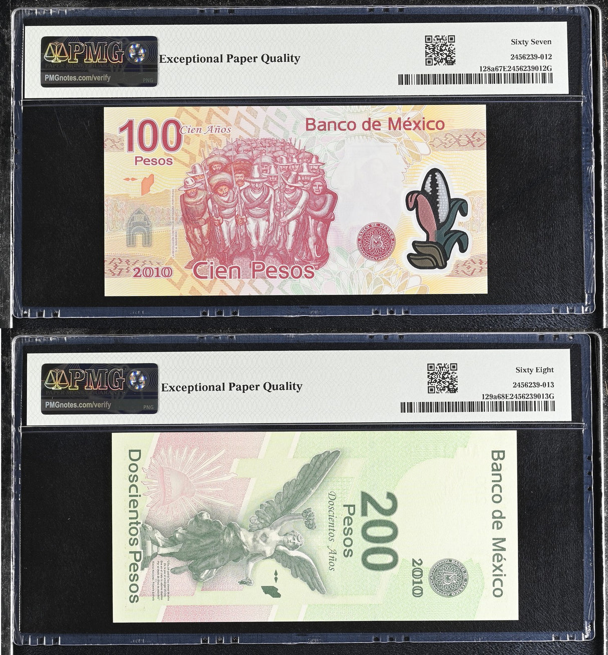 Mexico SET 2 200 Pesos 2008/2010 Comm. P 128 129 AA Superb Gem UNC PMG 67 68 EPQ