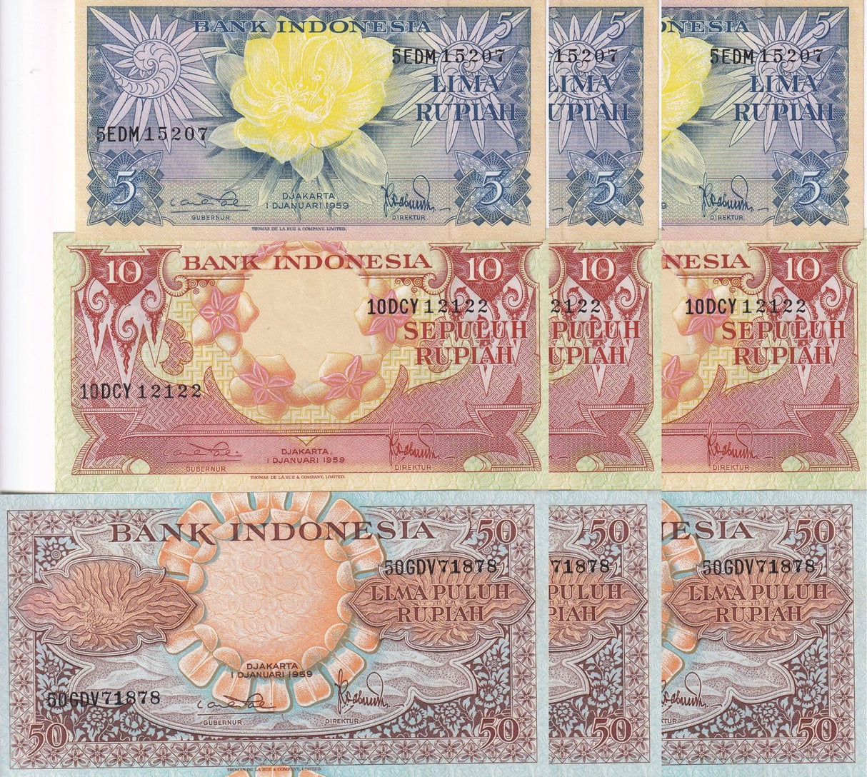 Indonesia set 3 x Lot 3 = 15 AUnc 5 10 50 Rupiah 1959 P 65 66 67 AUnc