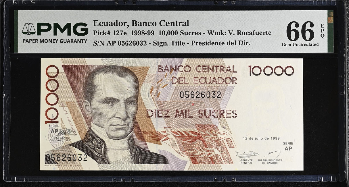 Ecuador 10000 Sucres 1999 P 127 e Gem UNC PMG 66 EPQ