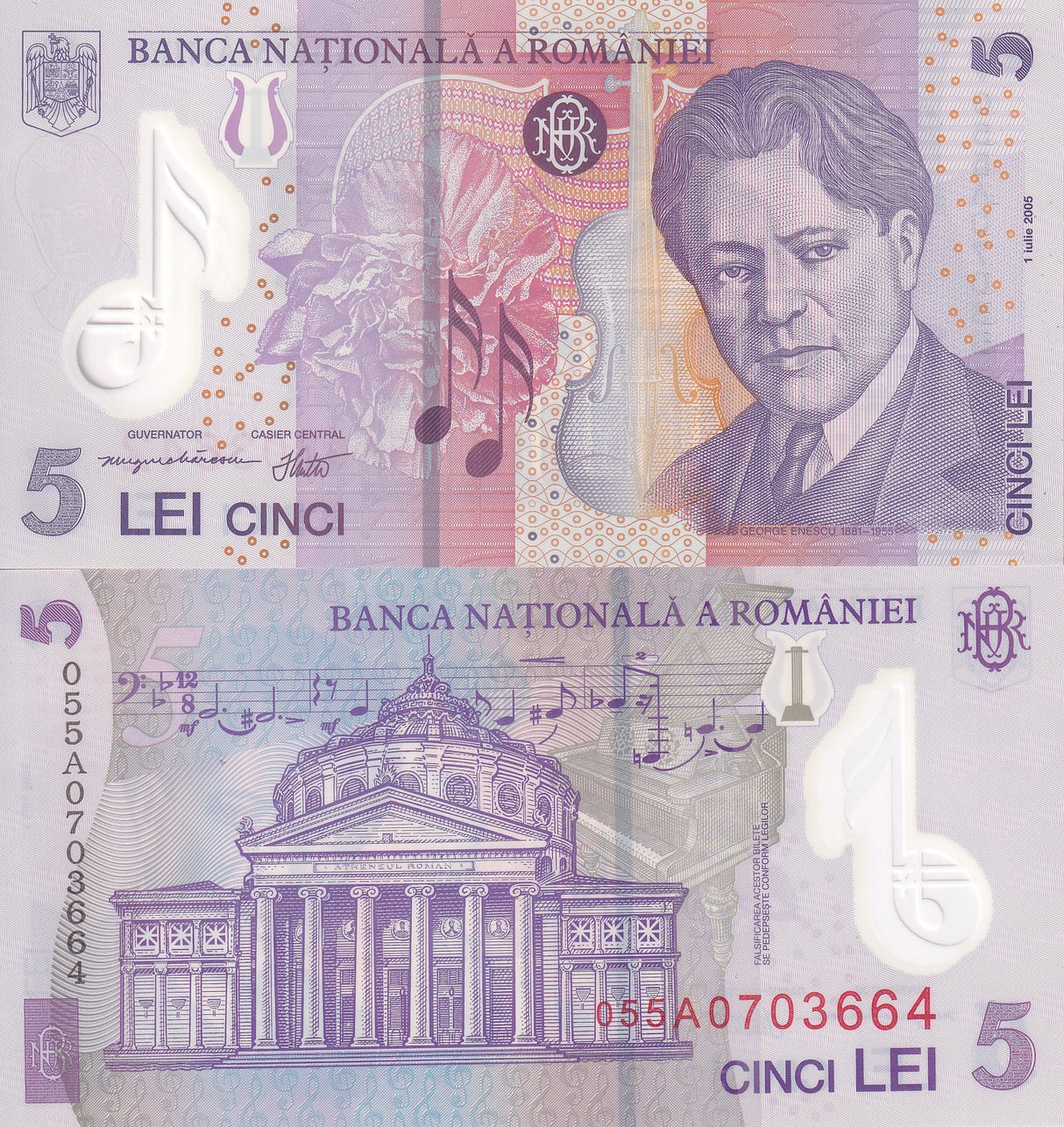 Romania 5 Lei 2005 / 2005 P 118 Polymer AUnc , Athenaeum in Bucharest, AU